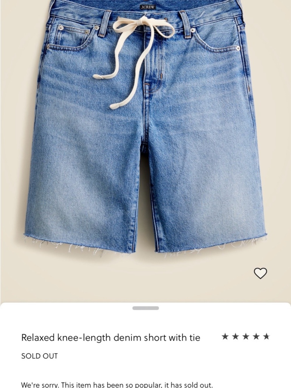 J. Crew Light Blue Denim Relaxed Knee-Length Shorts with Drawstring Tie. NWT
